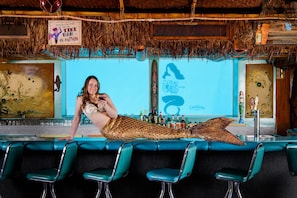 A bar with a mermaid tail decoration, a sign for 'Tiki Bar in Motion', and a 'Sip & Dip' sign. - O'Haire Inn (Great Falls)