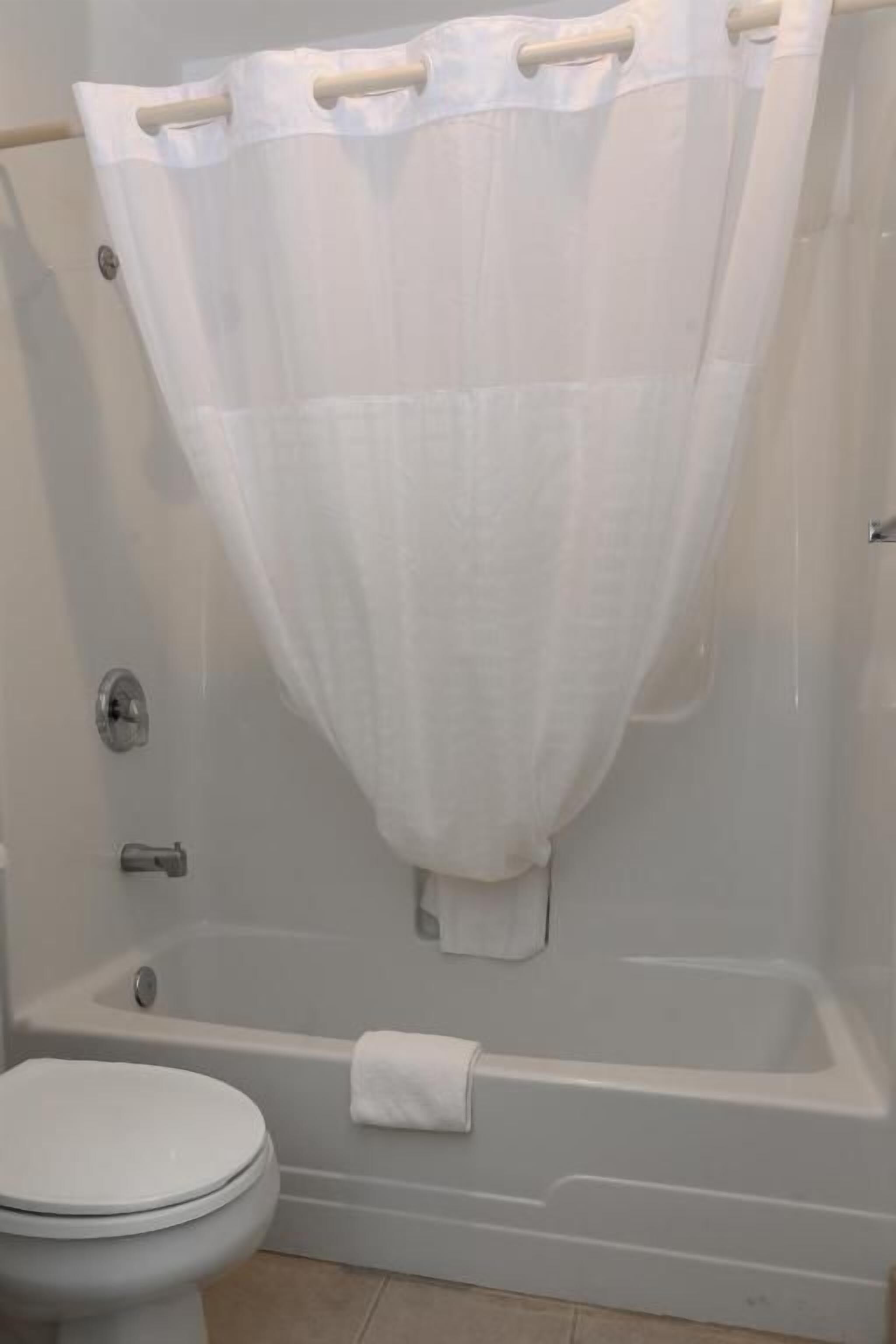 Un baño con bañera, inodoro y cortina de ducha.