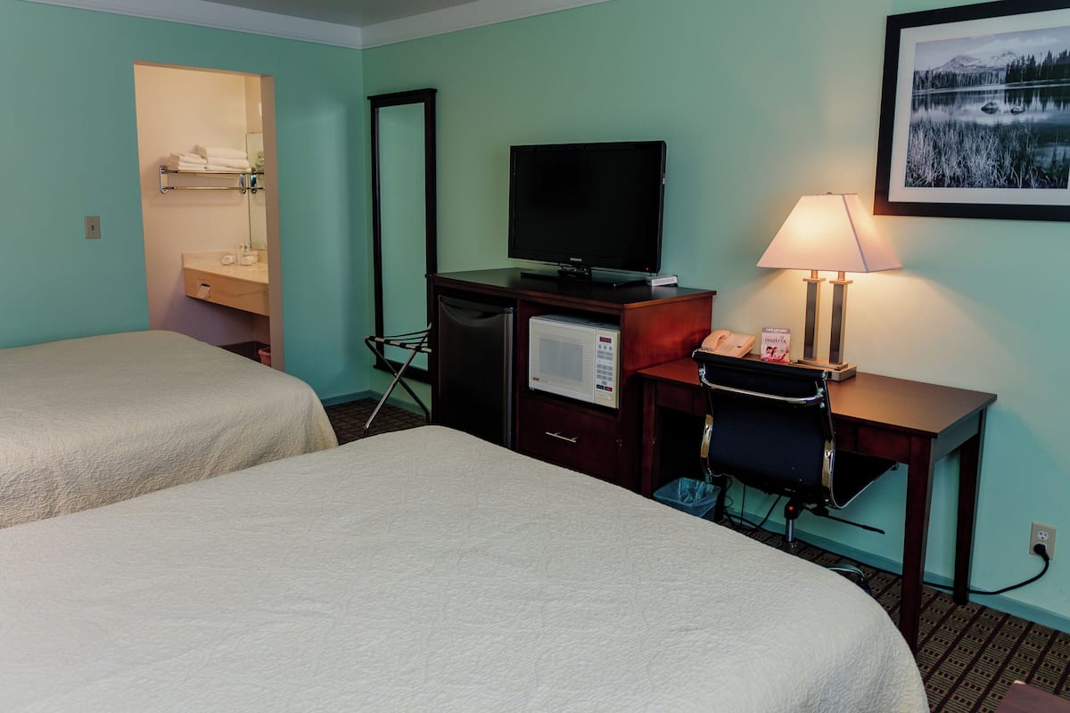 A hotel room with two beds, a TV, a desk with a lamp, a telephone, and a picture on the wall.
