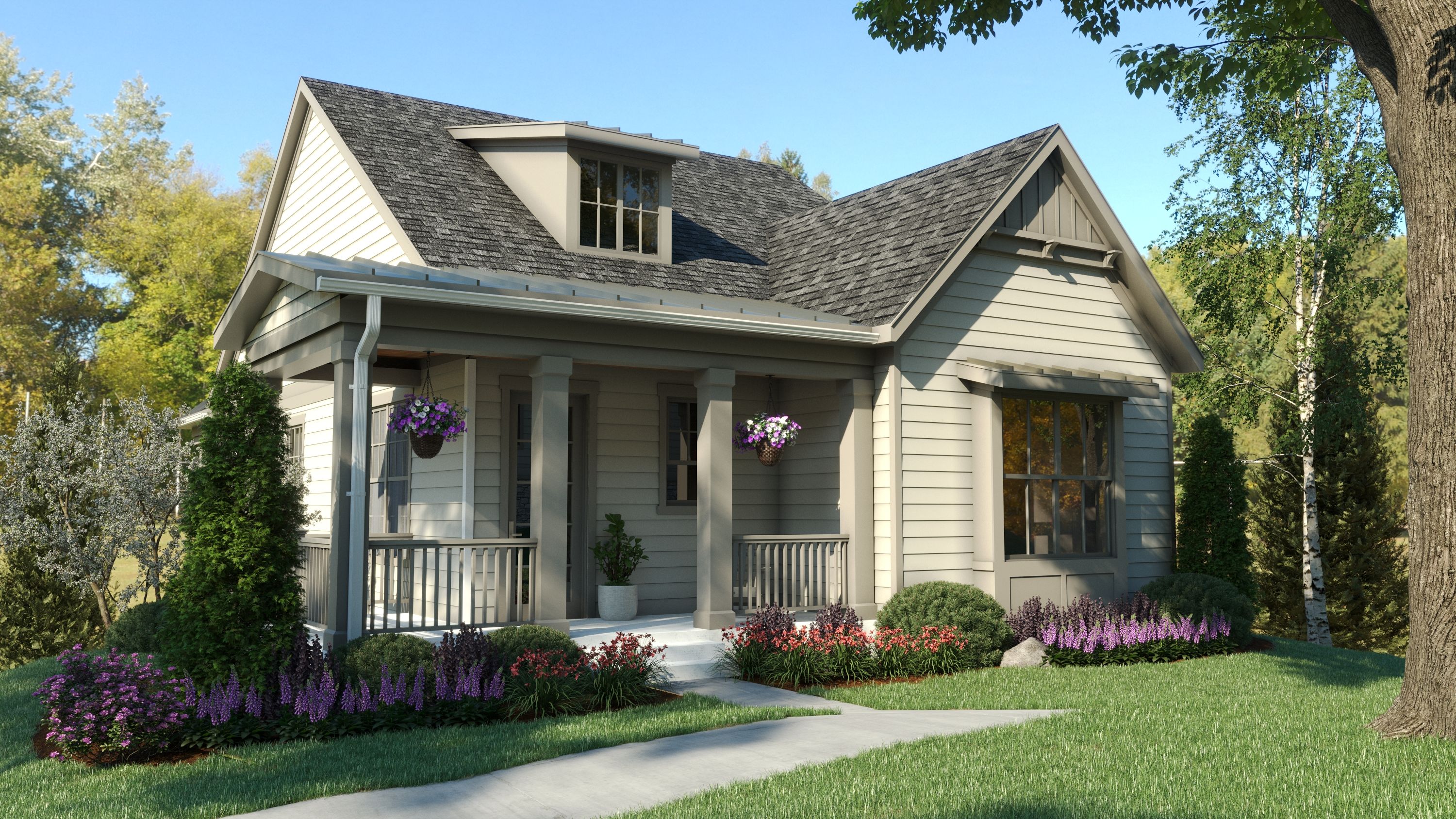 A single-story house with a front porch, a small attached garage, and a well-maintained garden with various plants and flowers.