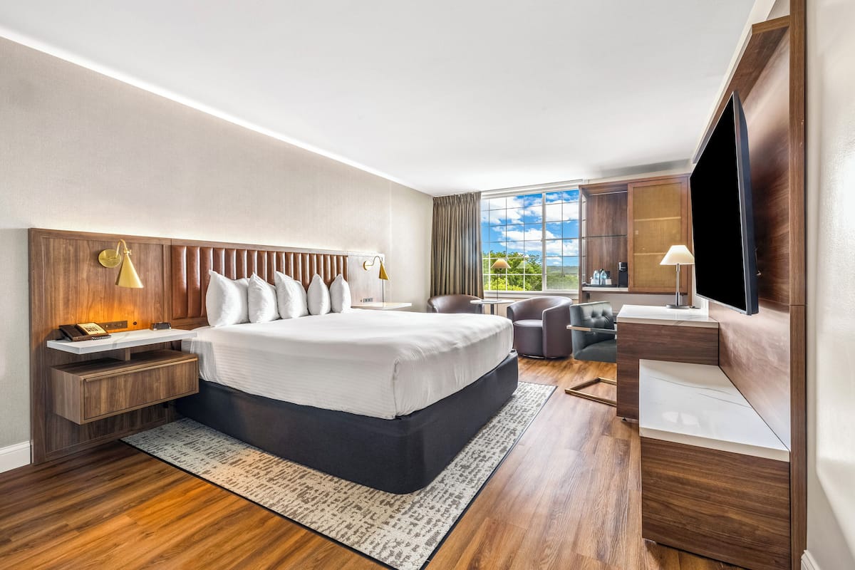 A modern hotel room with a large bed, wooden headboard, bedside tables, a desk, a chair, a TV, and a view of the outdoors.