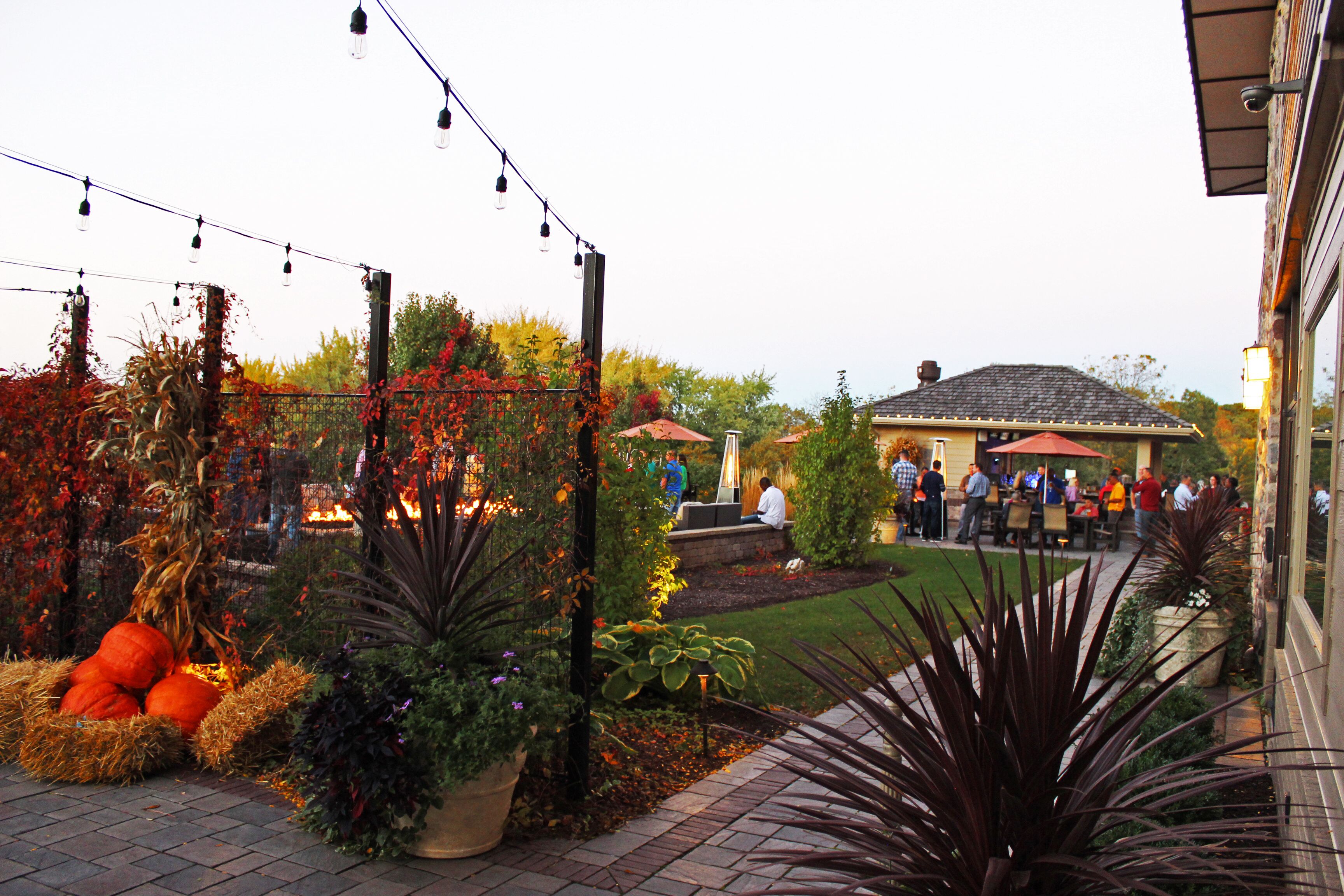 An outdoor patio area with string lights, potted plants, and a seating area with tables and chairs.