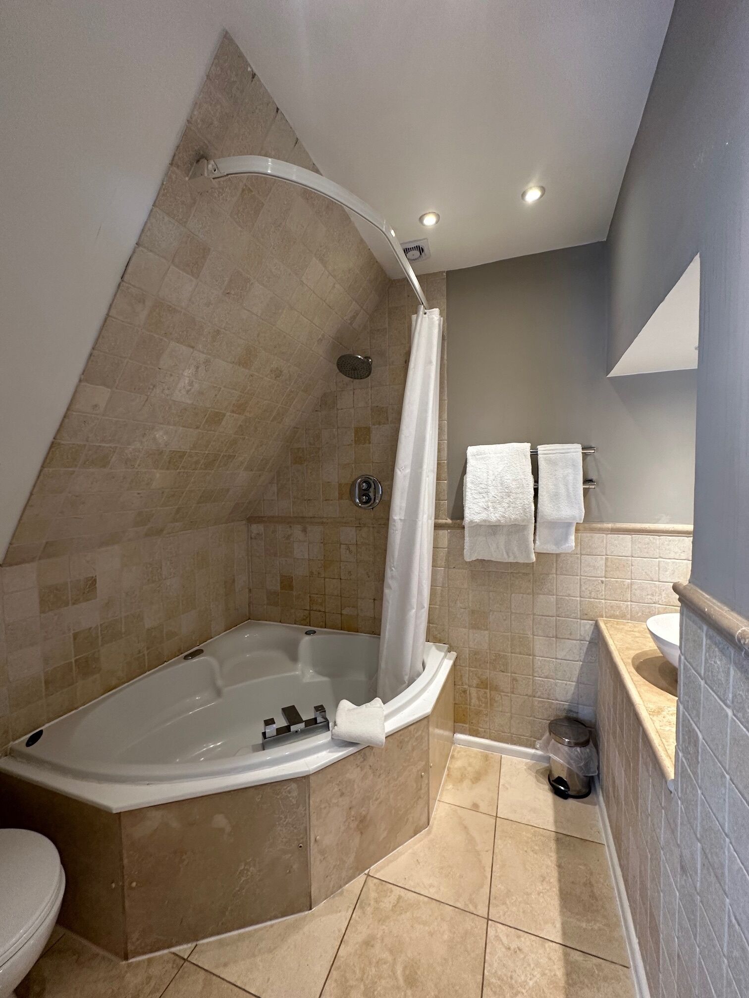 A modern bathroom with a freestanding bathtub, a shower, and a toilet.