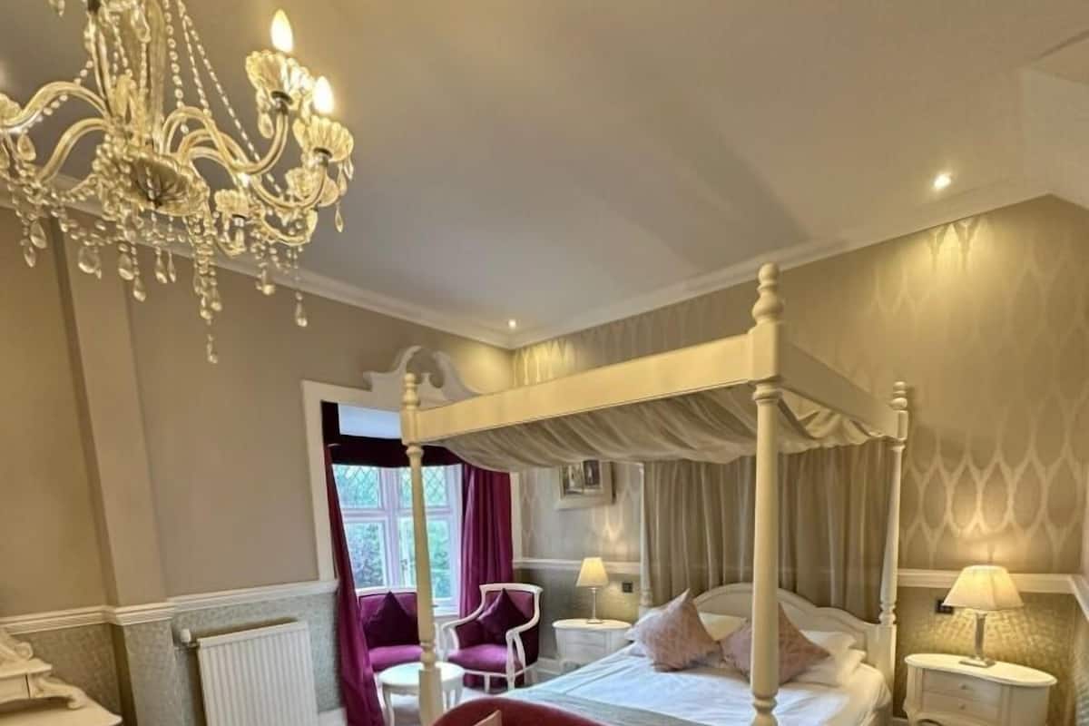 Uma cama com dossel e cortina, uma poltrona vermelha de veludo na frente, um candelabro e vista para um jardim pela janela.