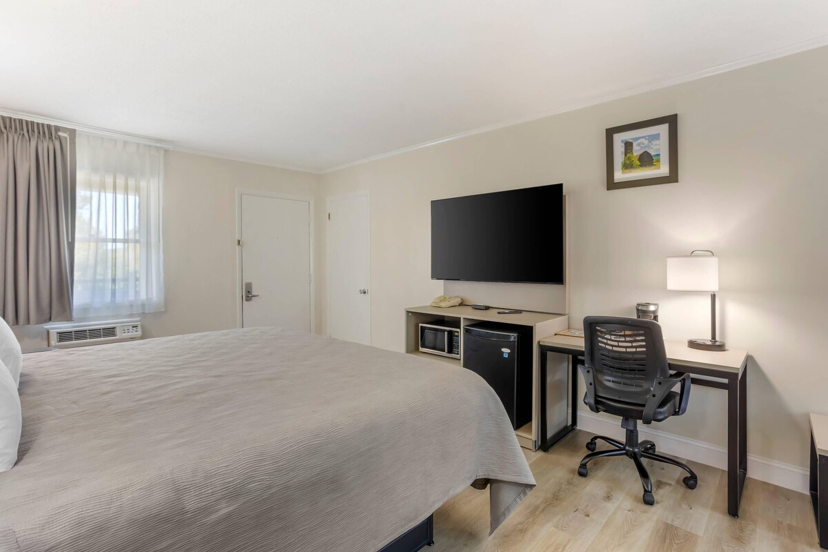 A hotel room with a large bed, a desk with a computer, a television, and a small desk lamp.