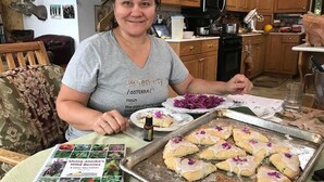A person sitting at a table with a book titled "Using Alaska's Wild Berries & Other Wild Edibles" and a tray of baked goods. - Majestic View B&B (Homer)