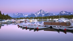 A marina with various boats and canoes docked, surrounded by a forest and mountains in the background.
