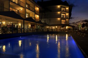 Outdoor pool, pool umbrellas, pool loungers