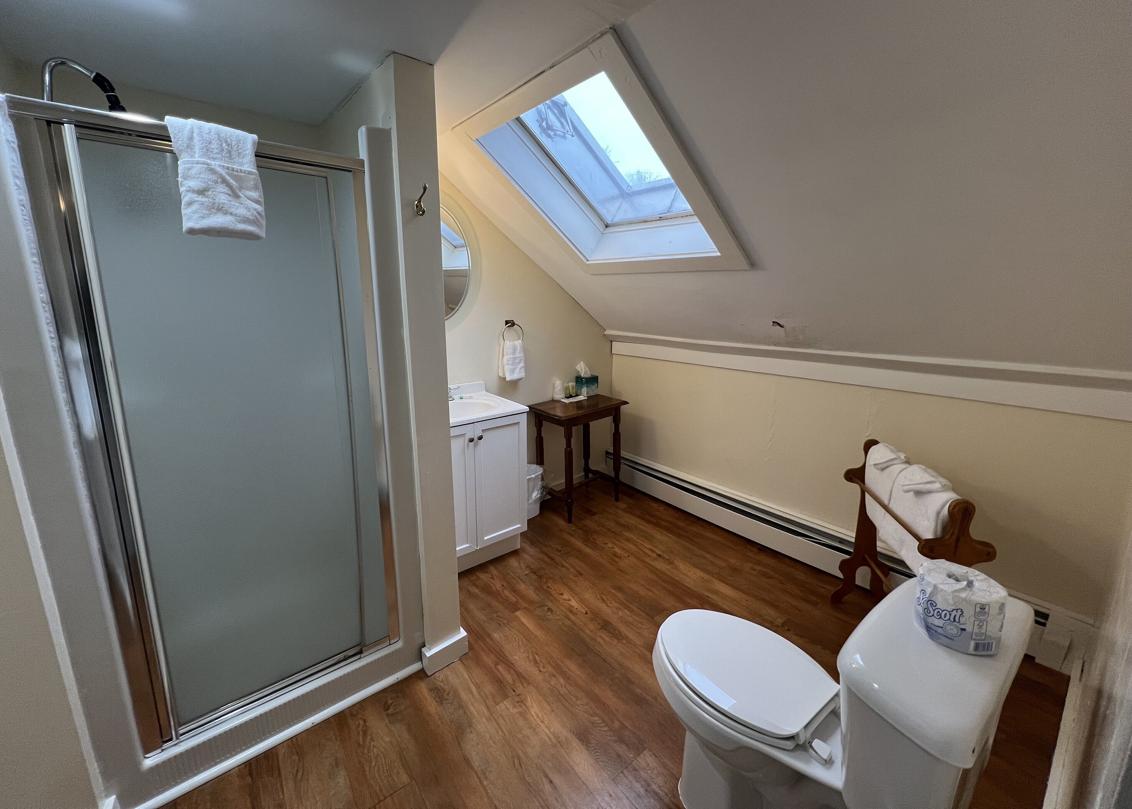 Une salle de bain avec douche, toilettes et lucarne.