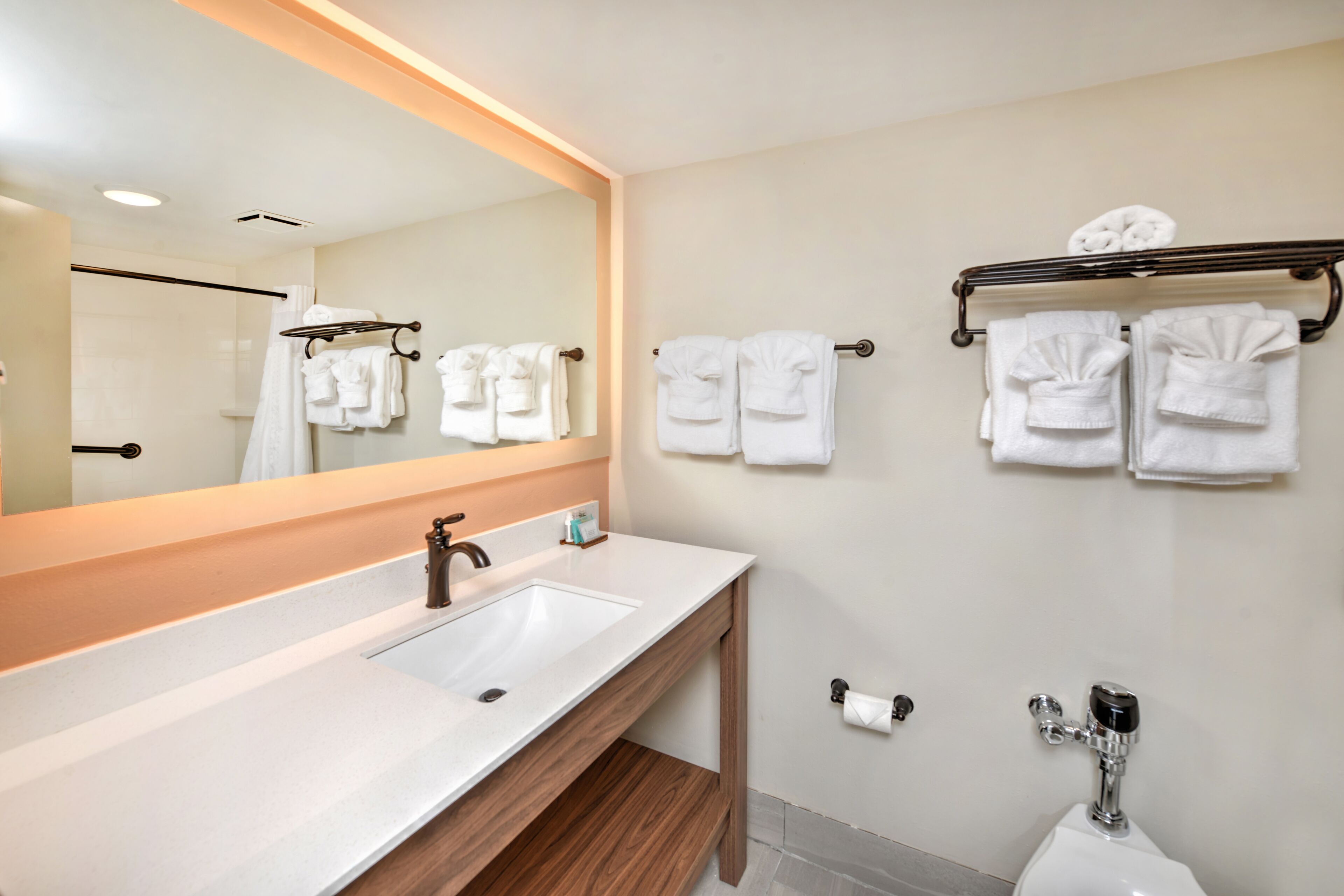 A modern bathroom with a large mirror, a white sink, and multiple towel hooks on the wall.