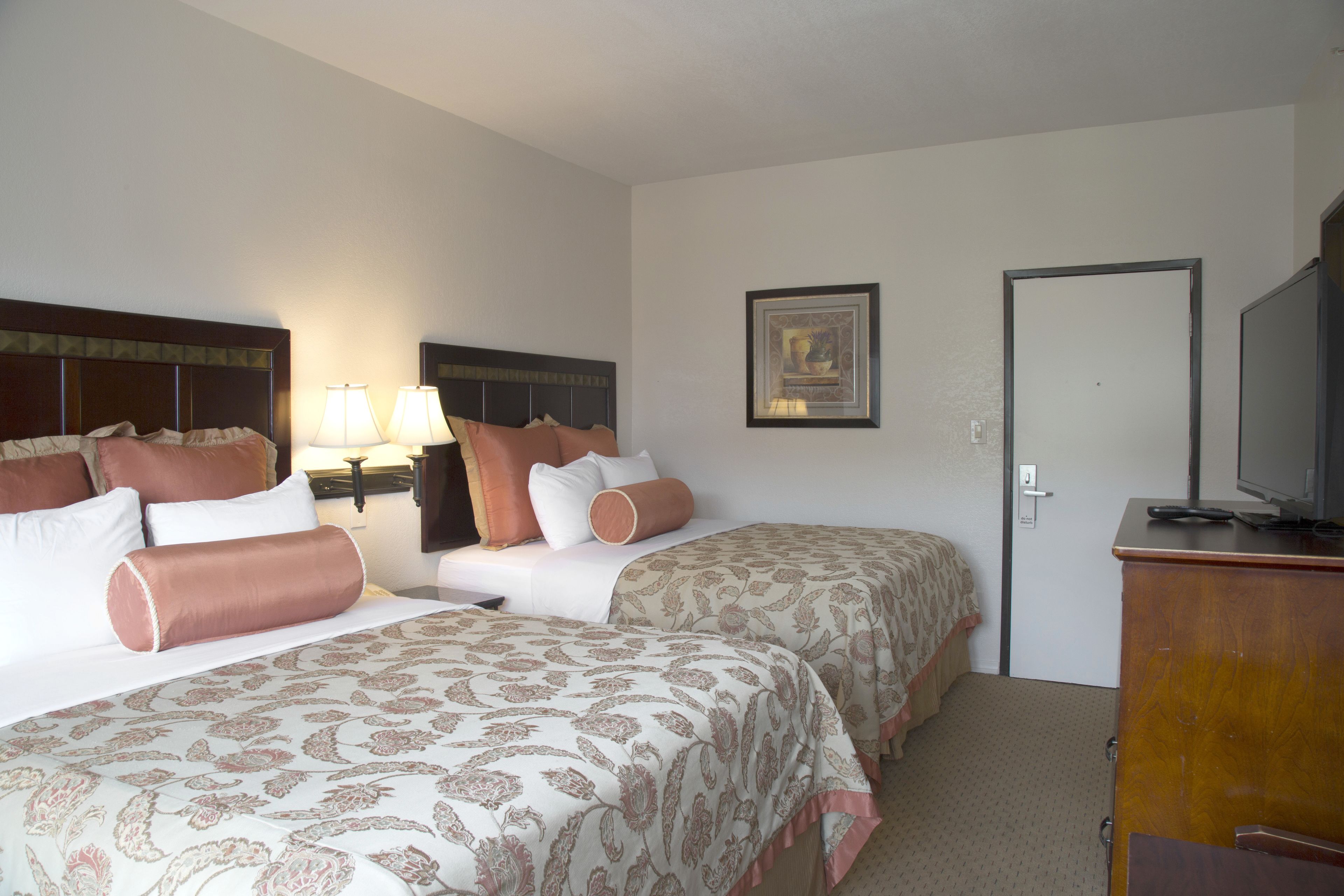 A hotel room with two beds, a television, and a door.