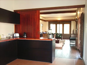 Traditional Villa, 2 Bedrooms, Private Pool, Pool View | Private kitchen | Full-sized fridge, microwave, oven, stovetop