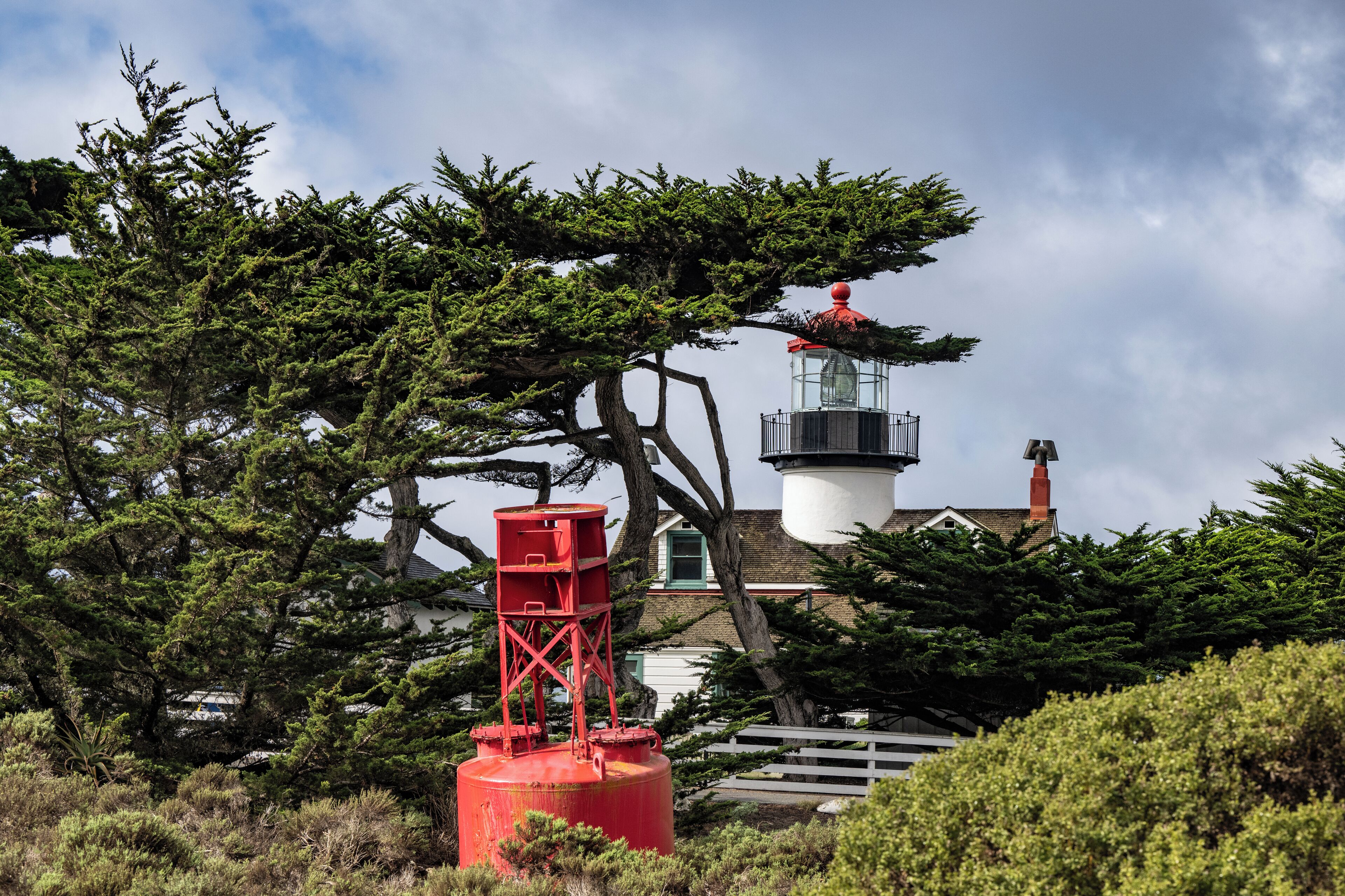 Un phare doté d’une tour rouge et d’un bâtiment blanc avec une fenêtre verte, entouré d’arbres denses.