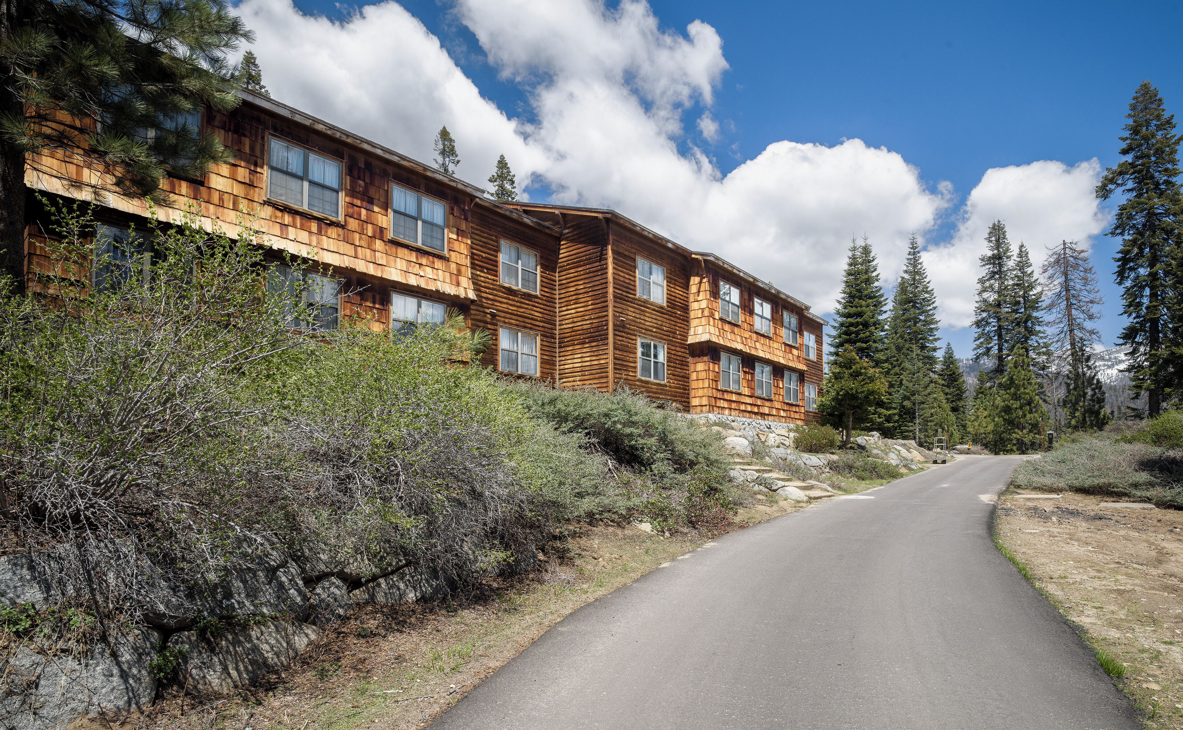 A two-story wooden cabin with multiple windows, surrounded by dense forest and a clear sky.