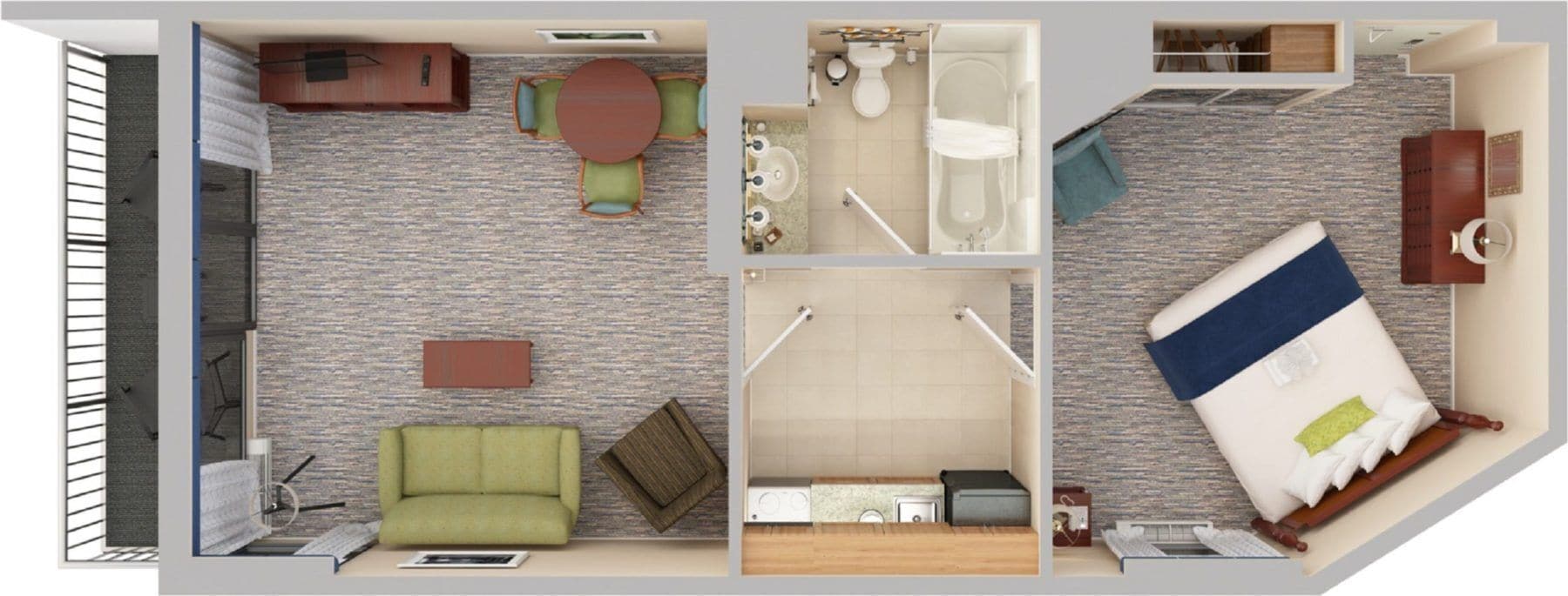 A hotel room with a sofa, a small table, a bed, a bathroom with a bathtub, and a kitchenette.