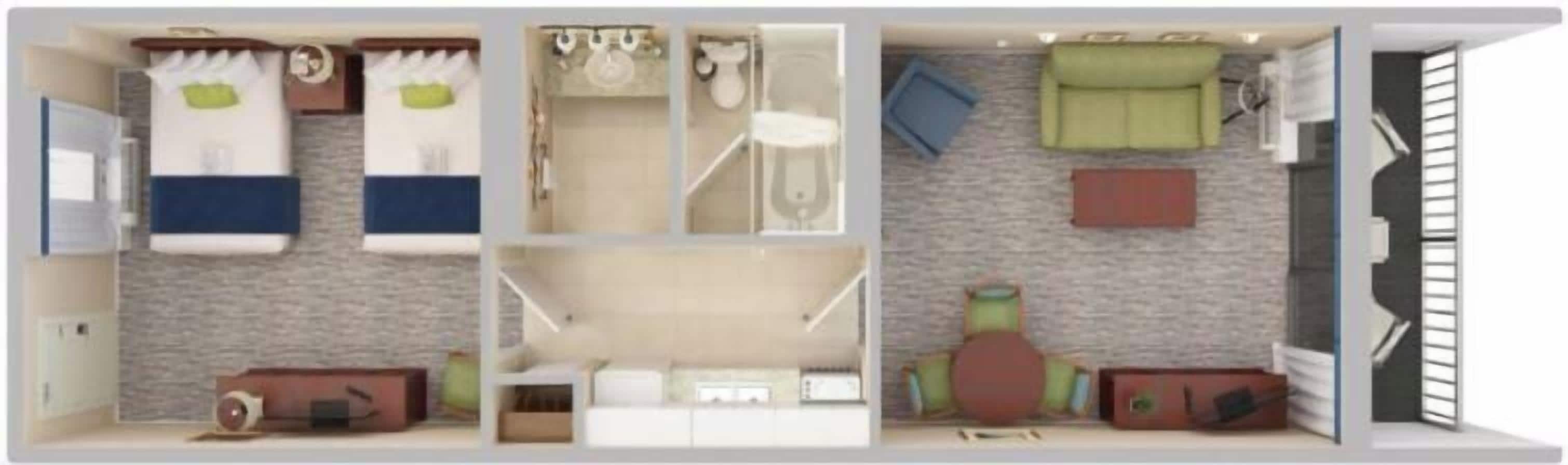 Una habitación de hotel con cama, escritorio, silla, armario y baño.