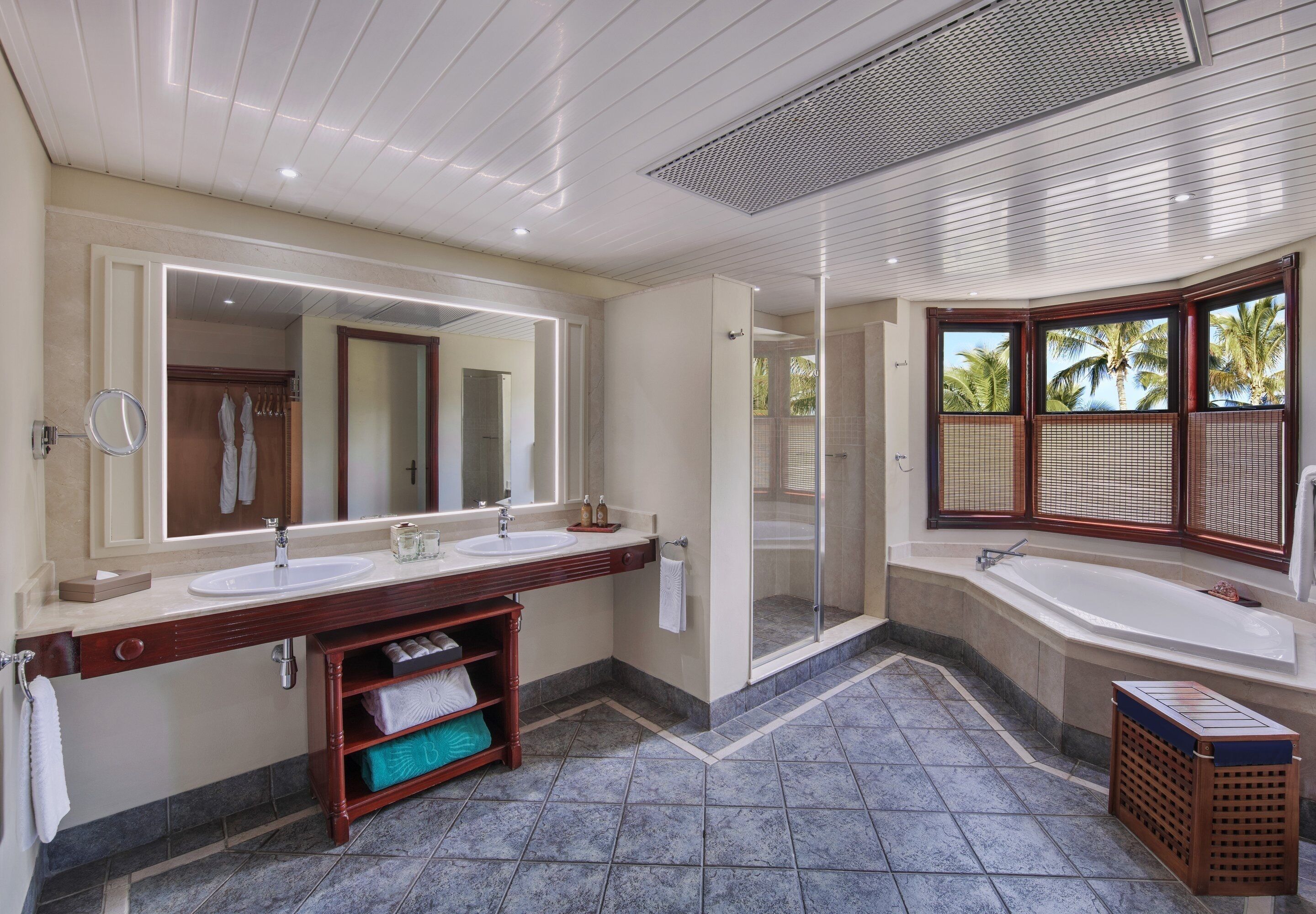 separate bathtub and shower, free toiletries, hair dryer, bathrobes