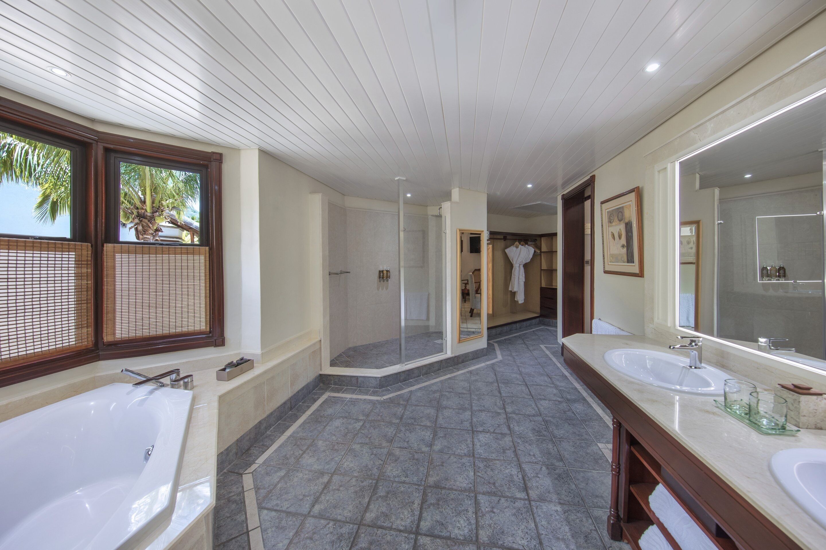 separate bathtub and shower, free toiletries, hair dryer, bathrobes