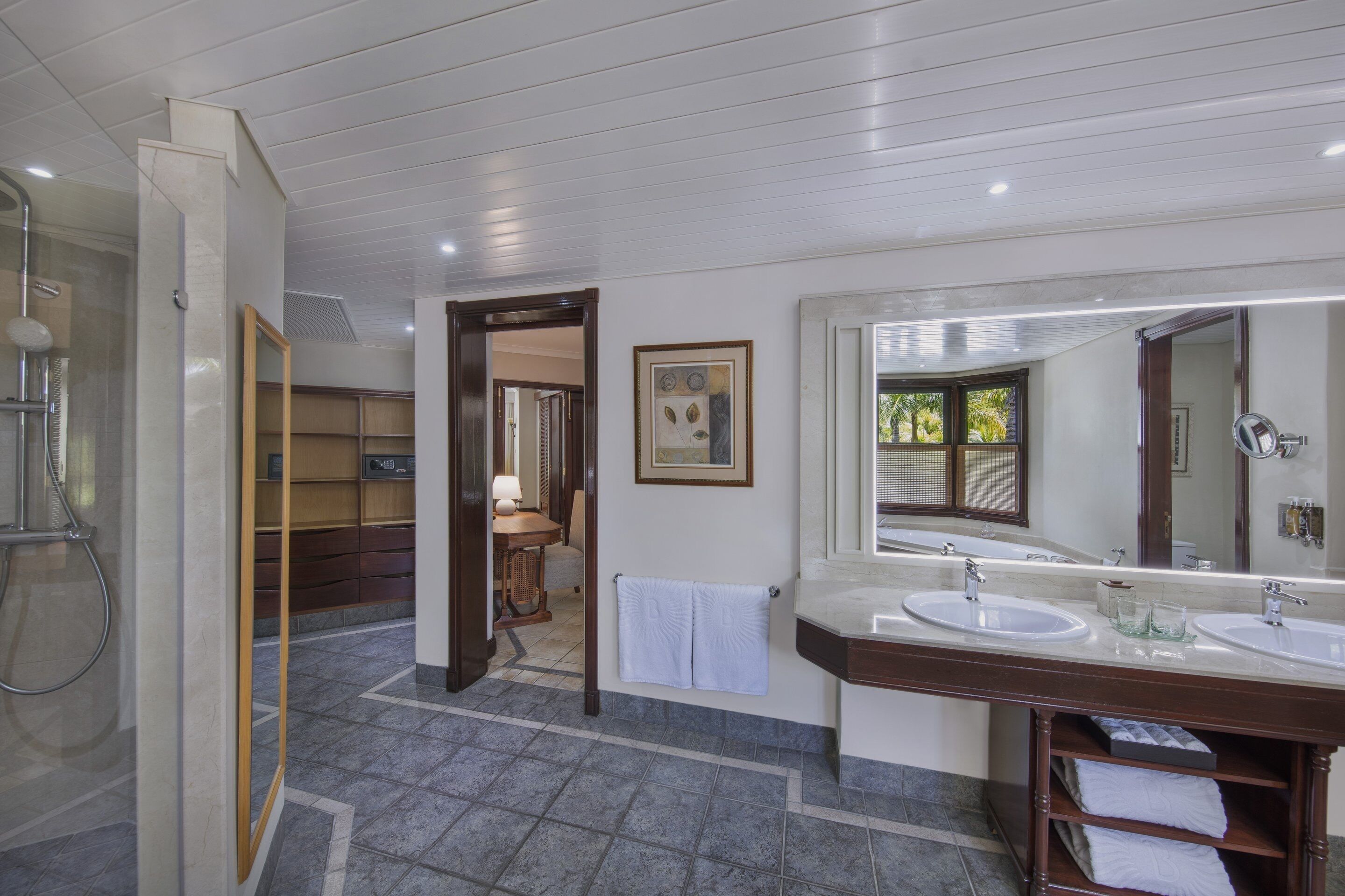 separate bathtub and shower, free toiletries, hair dryer, bathrobes