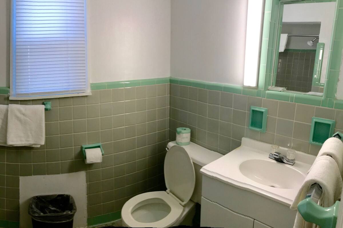 Une salle de bain comprenant des toilettes, un lavabo et un espace douche.