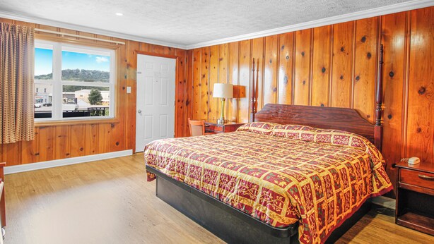 A room with a wooden paneled wall, a large bed with a patterned bedspread, a nightstand with a lamp, and a window with a view of buildings and trees. - Horse Cave Motel (Horse Cave)