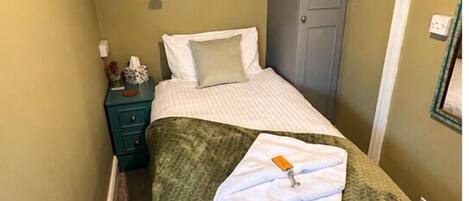 A narrow hotel room with a bed, a nightstand, a green wall, a framed picture, and a door.