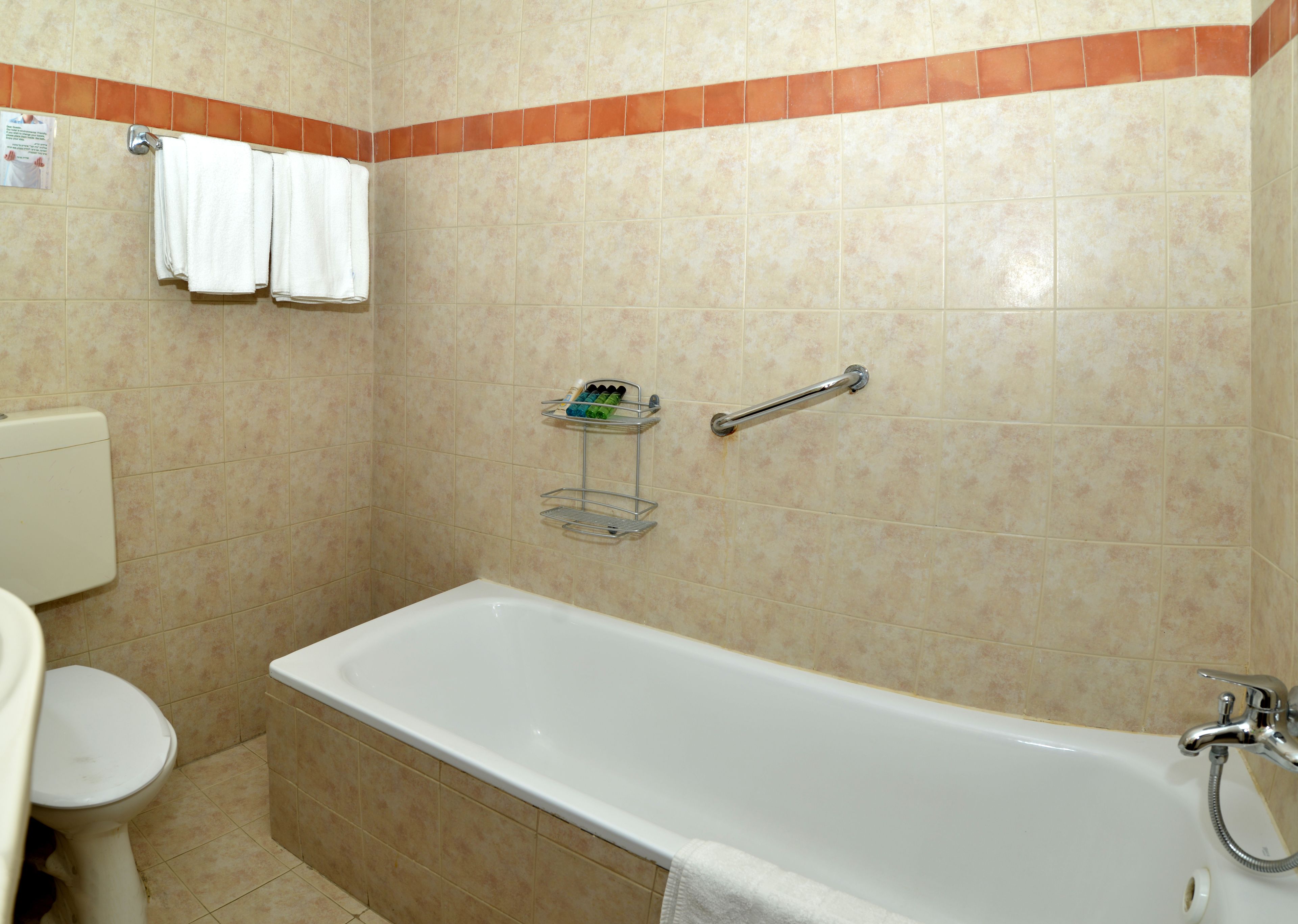 A bathroom with a bathtub, a toilet, and a shelf with toiletries.