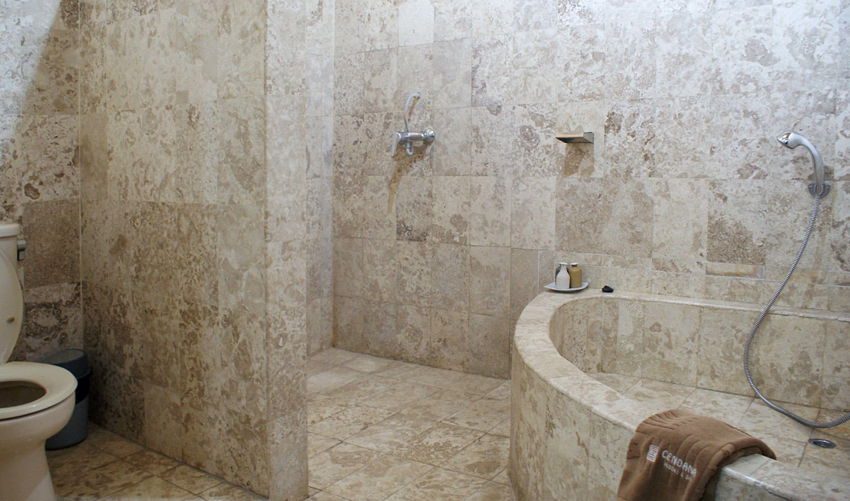 Un baño con ducha, inodoro y bañera.