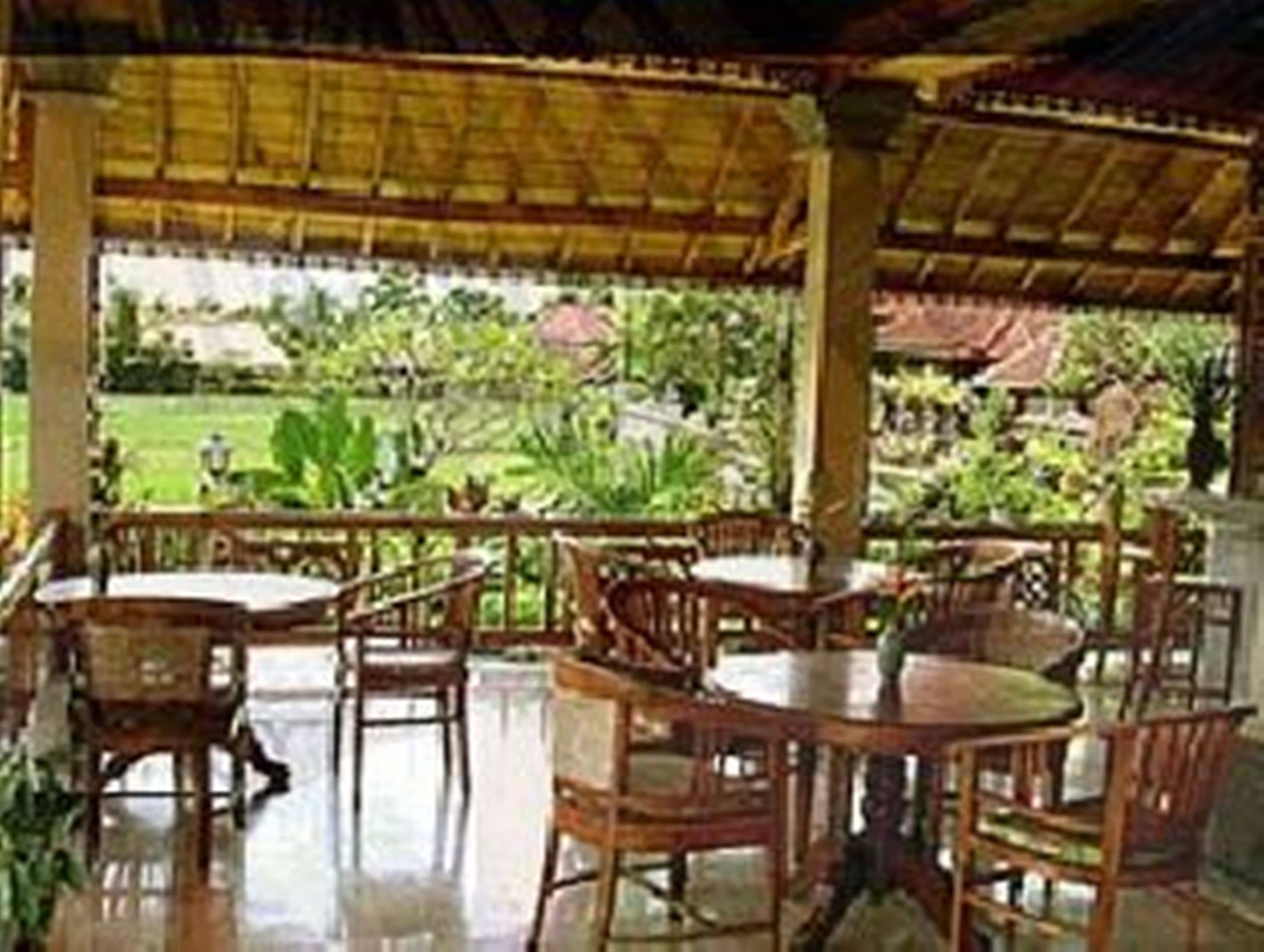 An outdoor dining area with wooden tables and chairs, surrounded by lush greenery and a thatched roof structure.
