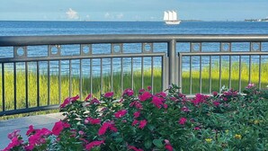 Een uitzicht op het water met een metalen hek, kleurrijke bloemen en een zeilboot in de verte.