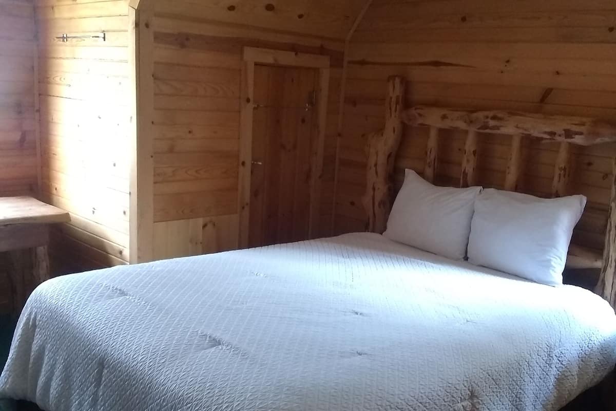 Une pièce en bois avec un lit, une porte et un luminaire au plafond.