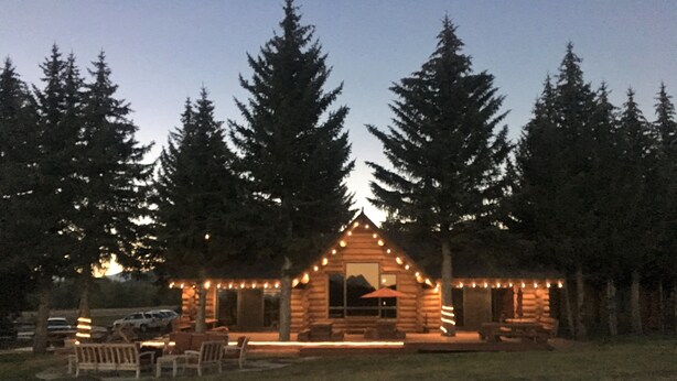 A log cabin with a porch, surrounded by tall trees. - Hatchet Resort (Moran)