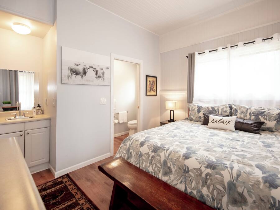 Un dormitorio con cama, mesita de noche, baño con inodoro y lavamanos.