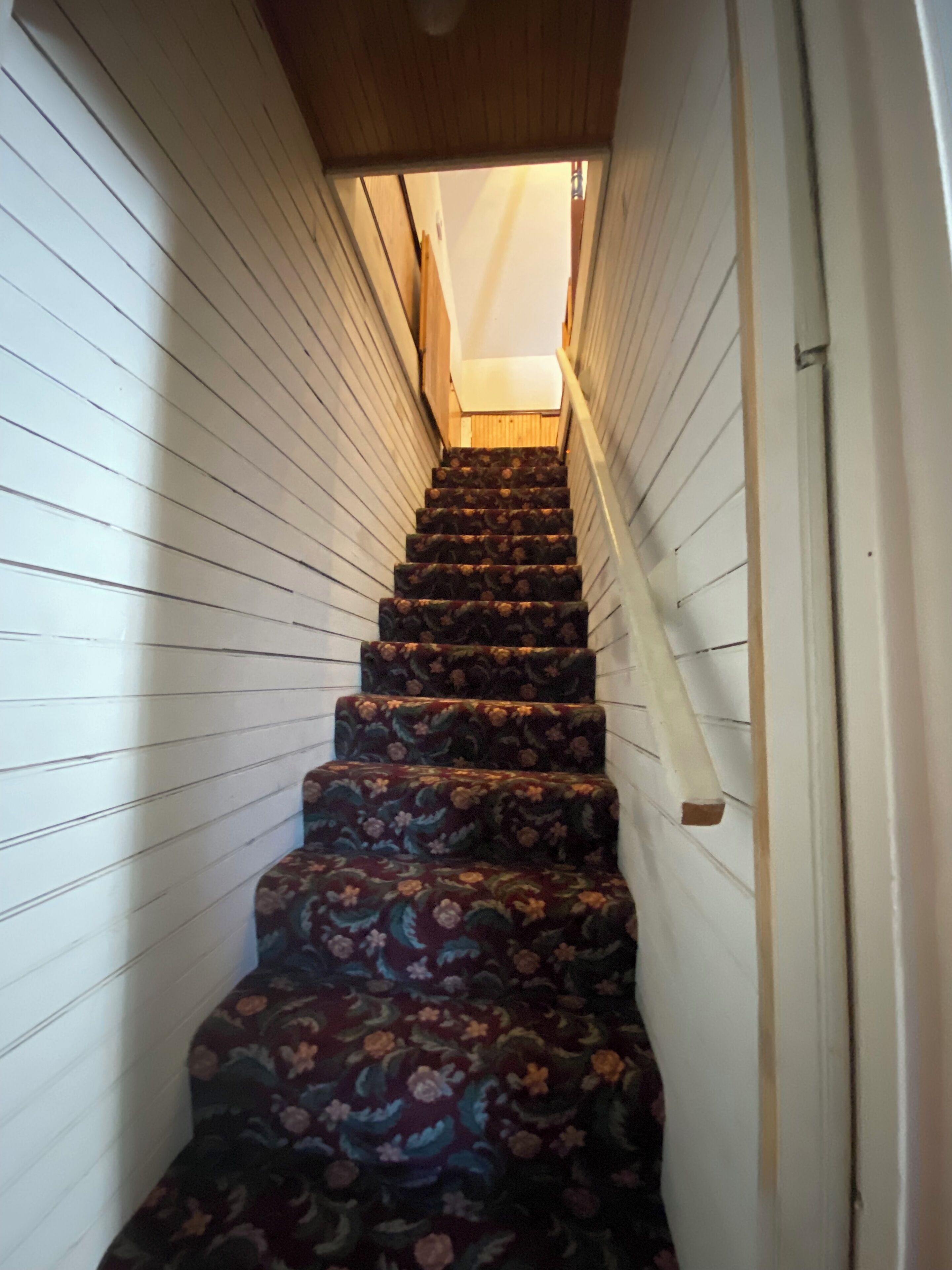 Eine Treppe mit gemustertem Teppich, die zu einer Zwischenebene führt.