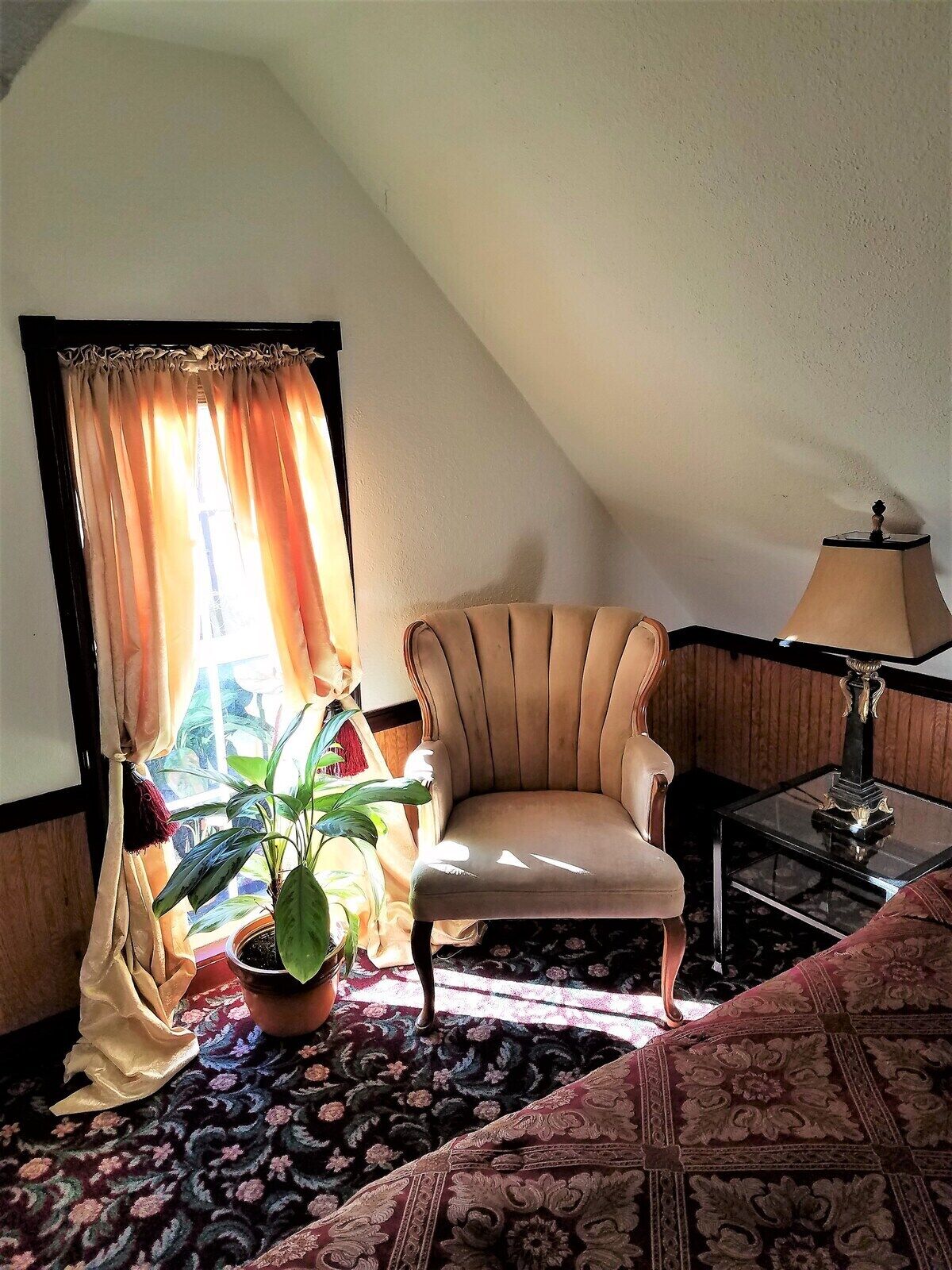 A room with a high ceiling, a window with curtains, a potted plant, a beige armchair, a small table with a lamp, and a patterned carpet.