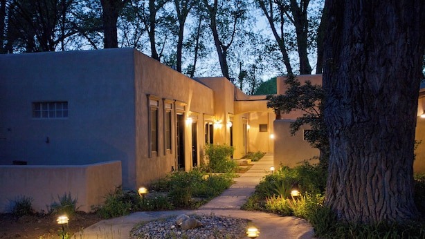 A modern building with a pathway leading to a door, surrounded by trees and illuminated by ground lights.