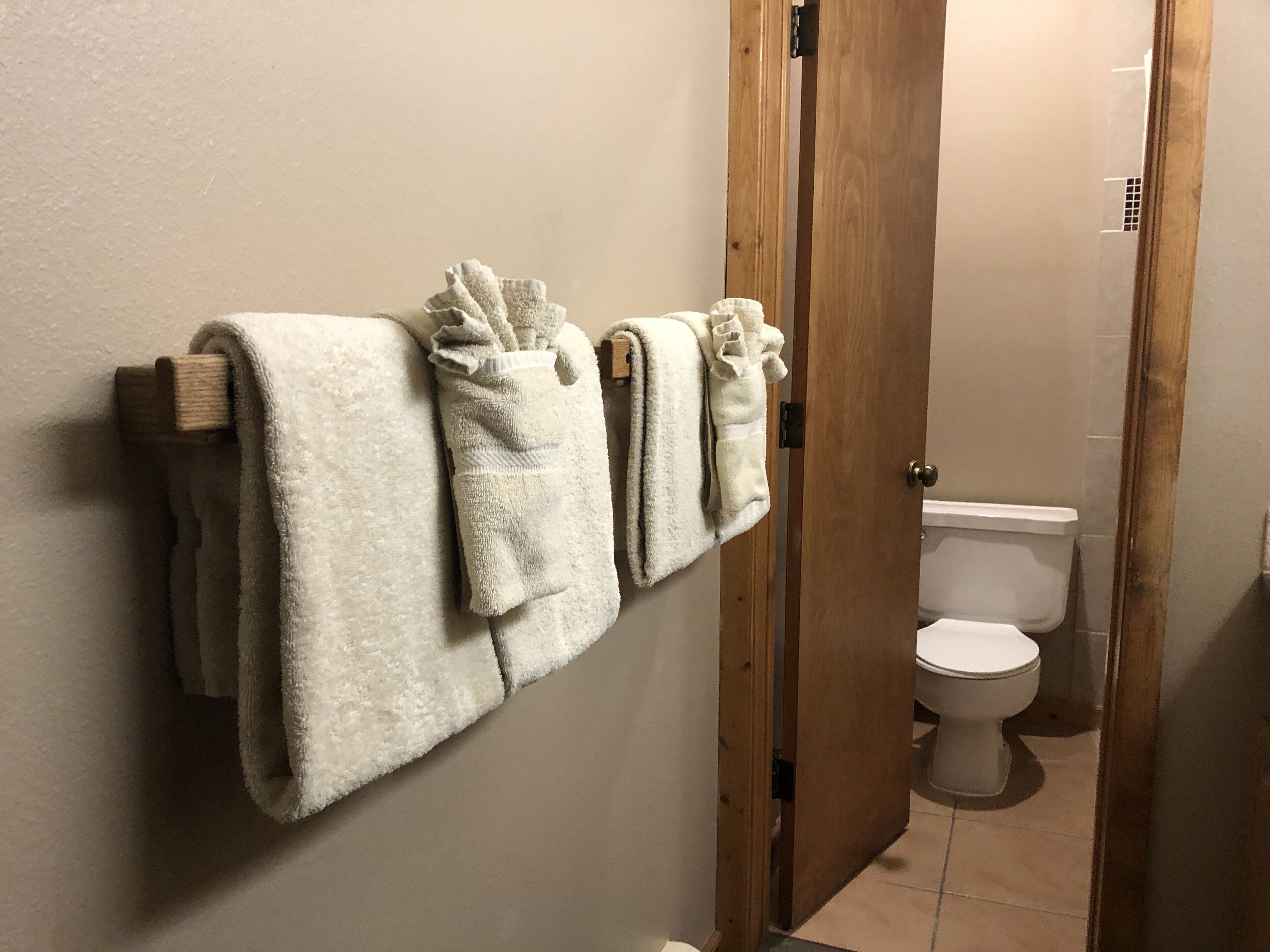 A bathroom with a wooden door, a toilet, and towels hanging on a rack.