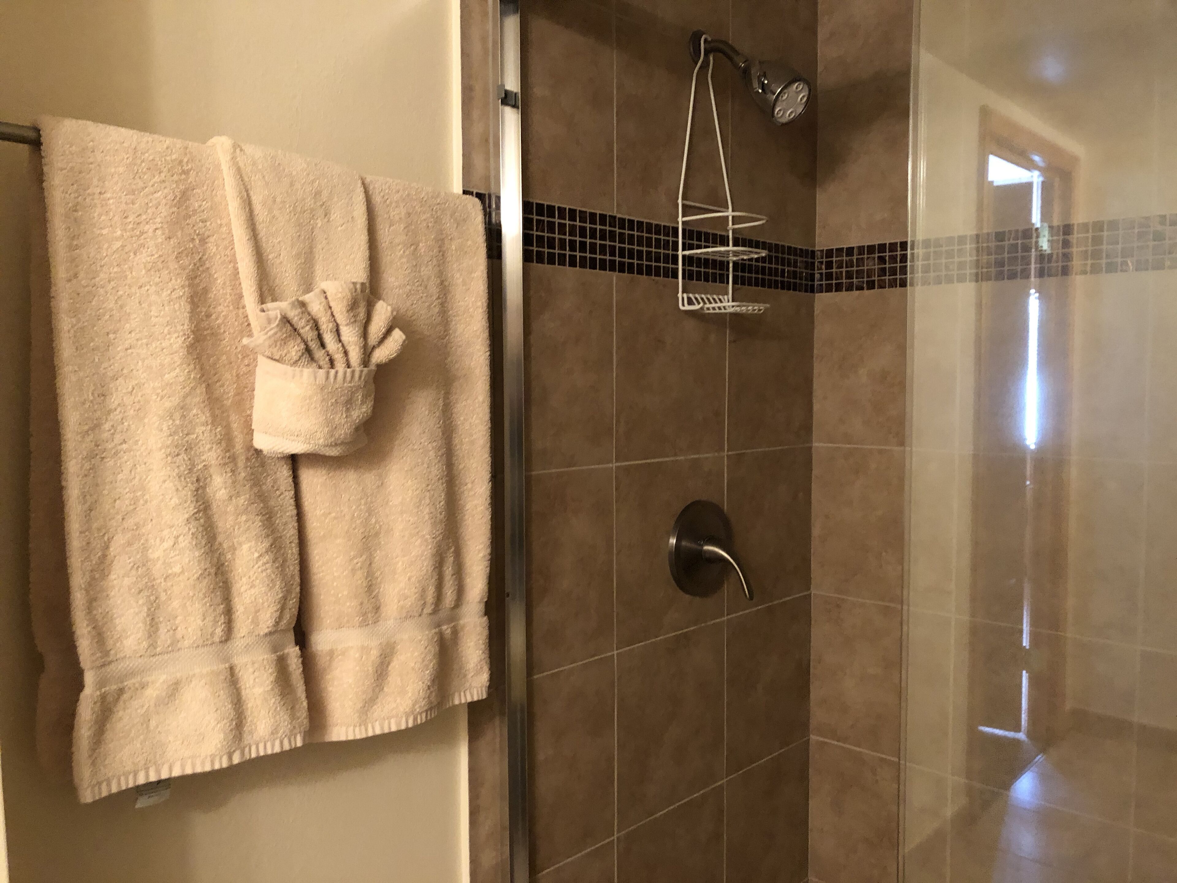 A bathroom with a glass shower enclosure, a towel rack with a folded towel, and a showerhead.