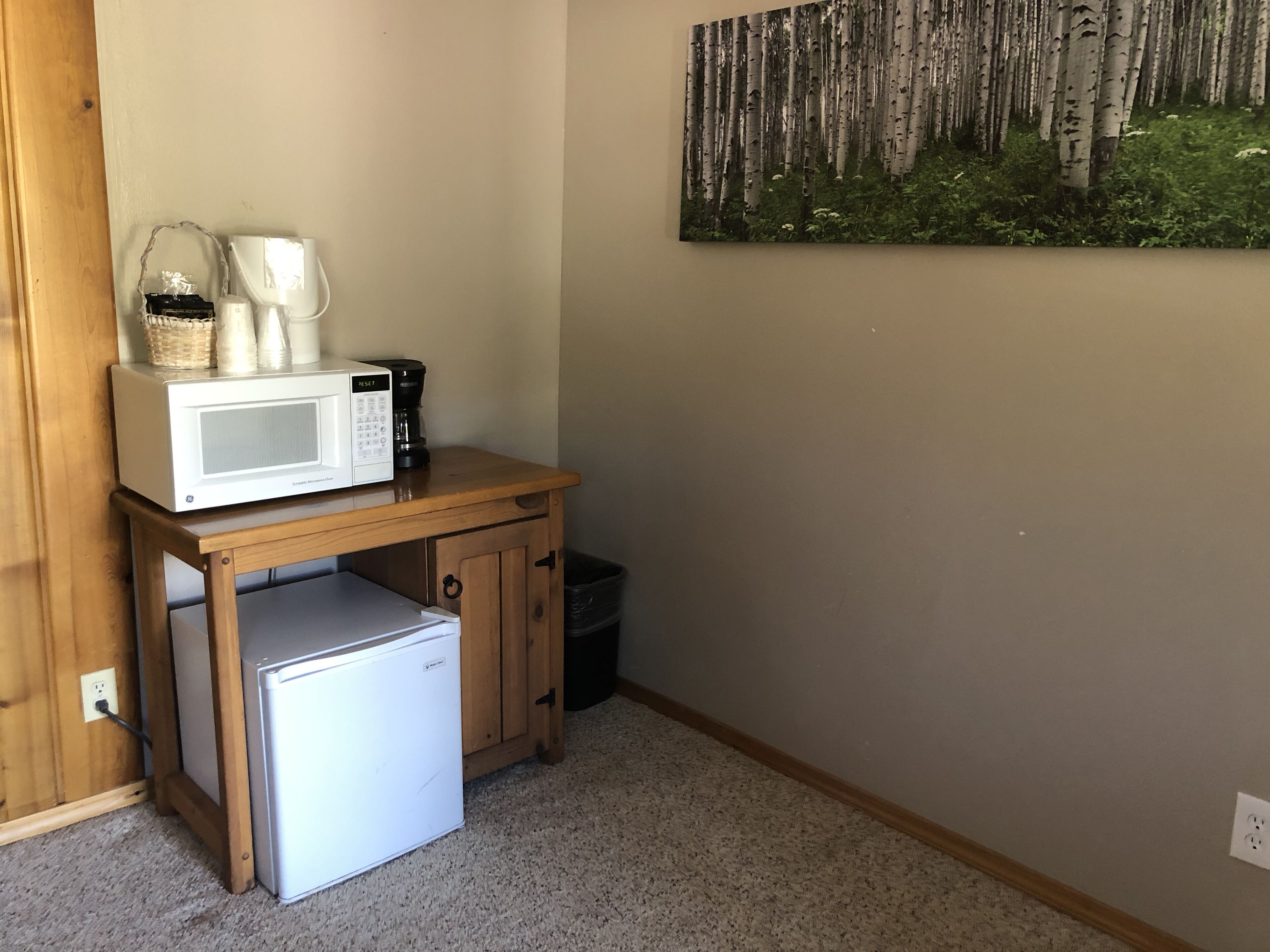 A compact kitchenette with a microwave, coffee maker, and small refrigerator on a wooden table.