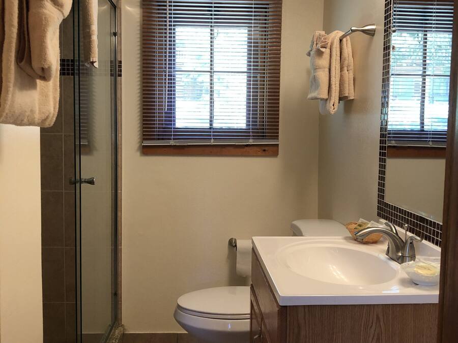 A bathroom with a glass shower enclosure, a toilet, a sink with a mirror, and a window with blinds.