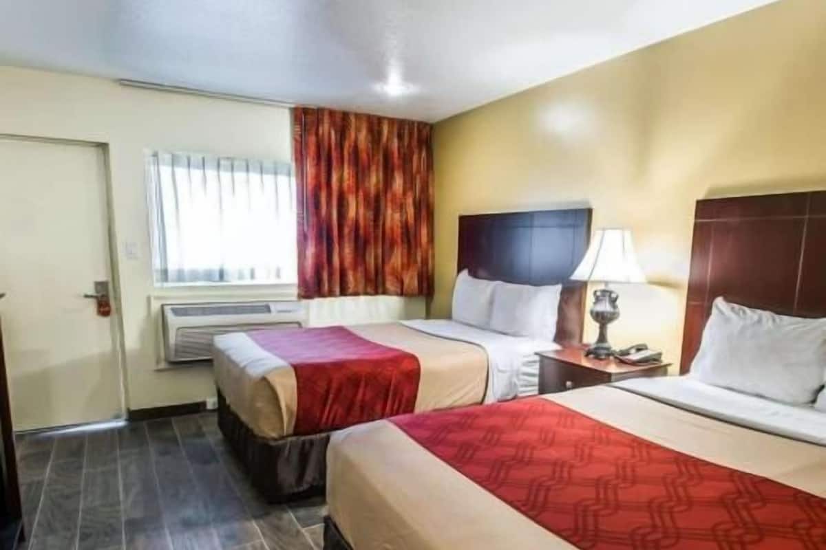 Une chambre d’hôtel avec deux lits, une fenêtre avec des rideaux, une table de chevet avec une lampe et une porte.