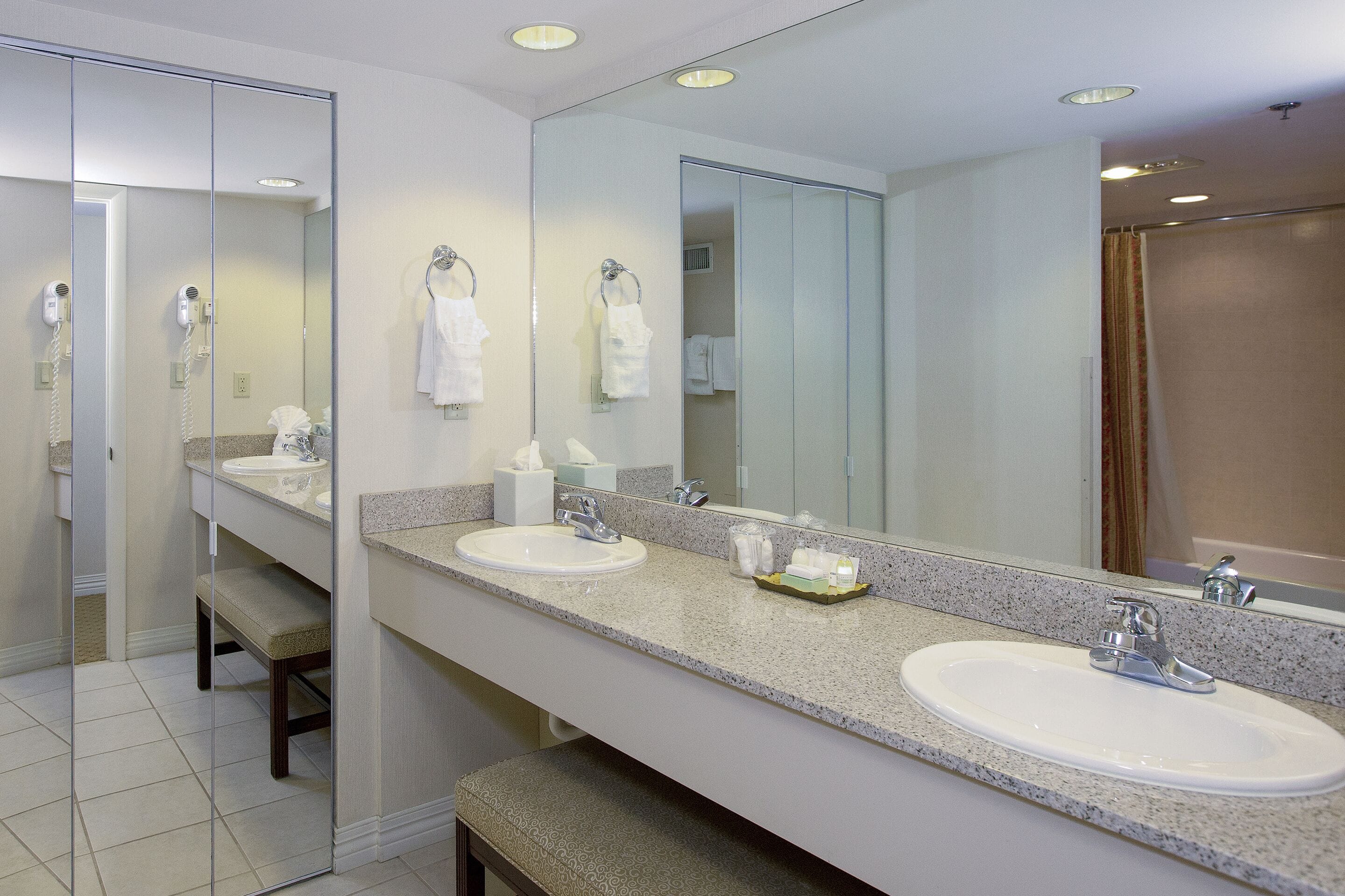 combined shower/bathtub, free toiletries, hair dryer, towels