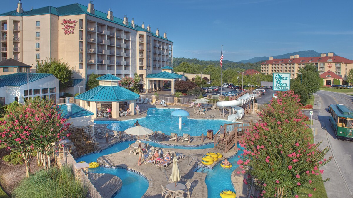 Aerial view of music road resort and its water park