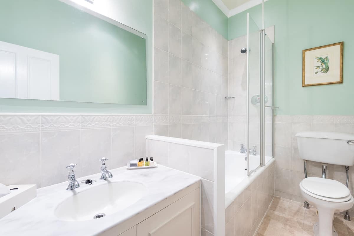 classic double room | bathroom | combined shower/bathtub, hair dryer, towels
