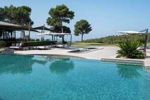 2 indoor pools, outdoor pool, open 9:00 AM to 7:00 PM, pool loungers