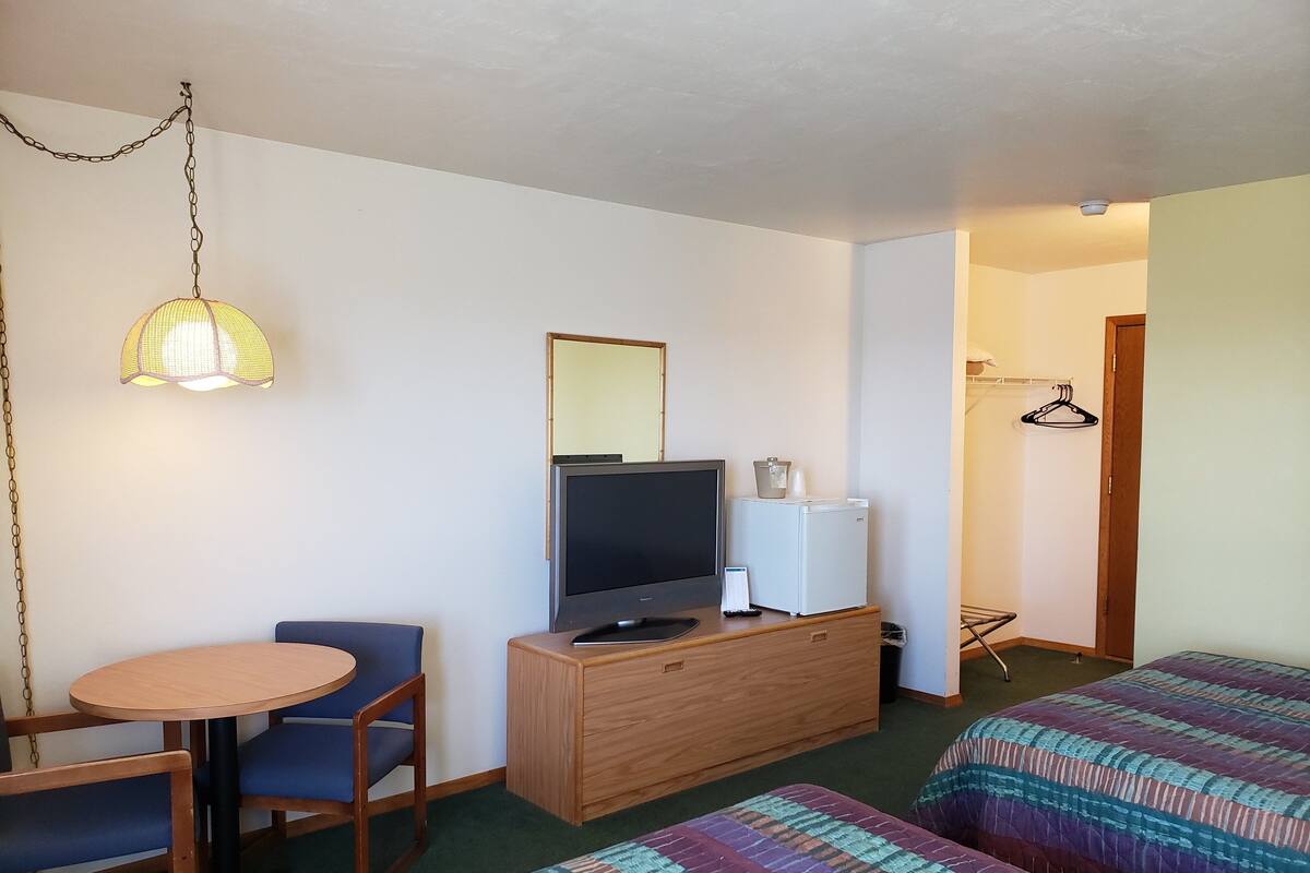 Una habitación de hotel con televisión, escritorio, silla, cama, lámpara colgante y armario.