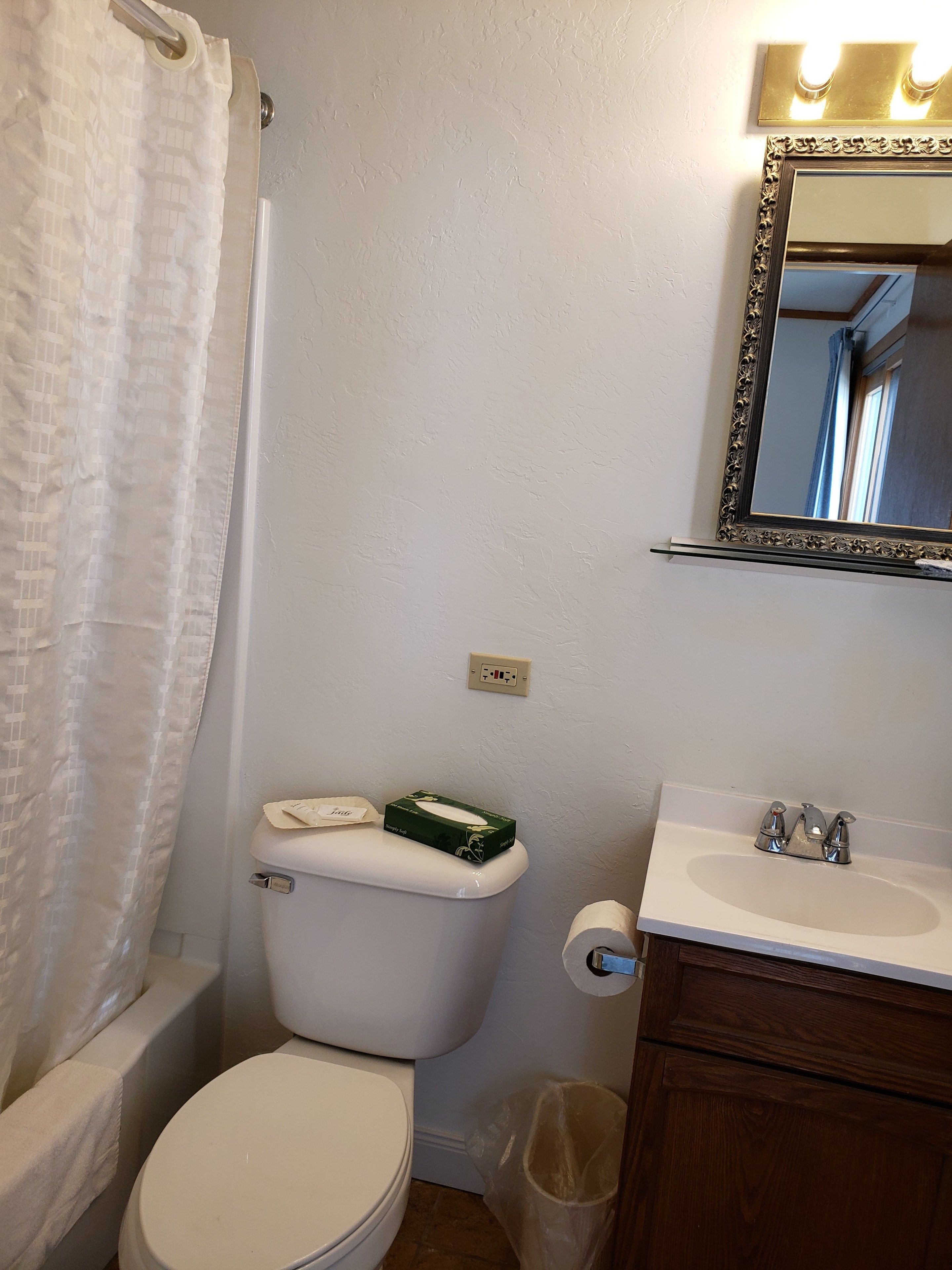 A bathroom with a toilet, a sink, a mirror, and a shower curtain.