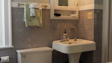 A bathroom with a toilet, sink, and mirror.