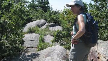 Una persona camina con una mochila, rodeada de rocas grandes y vegetación densa.
