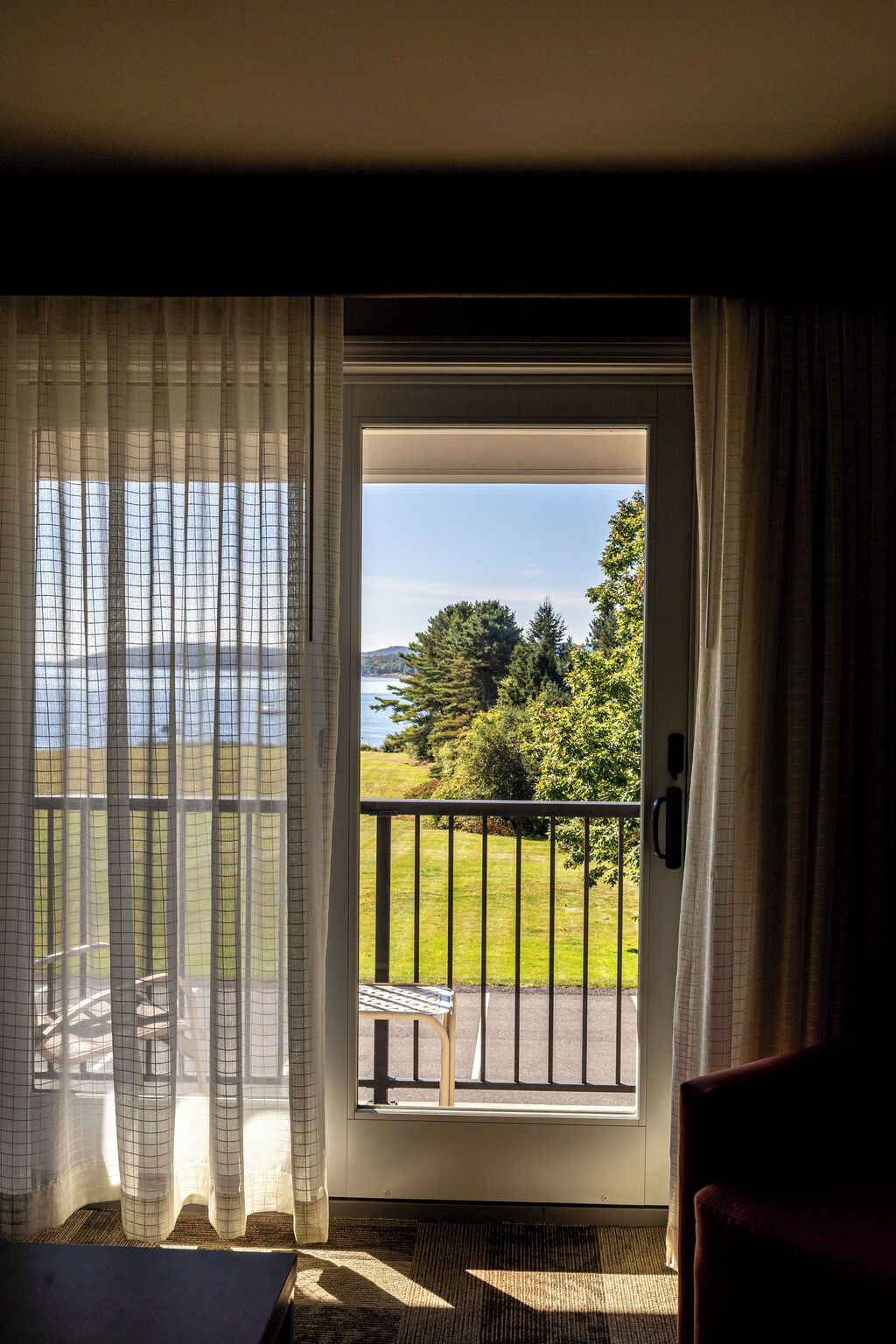 A room with a view of a grassy area and trees, a balcony with a railing, and a door with curtains.